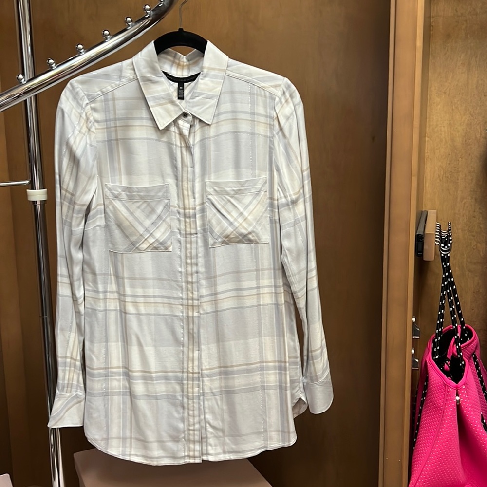 White House Black Market Blue White Sparkle Button Down Top